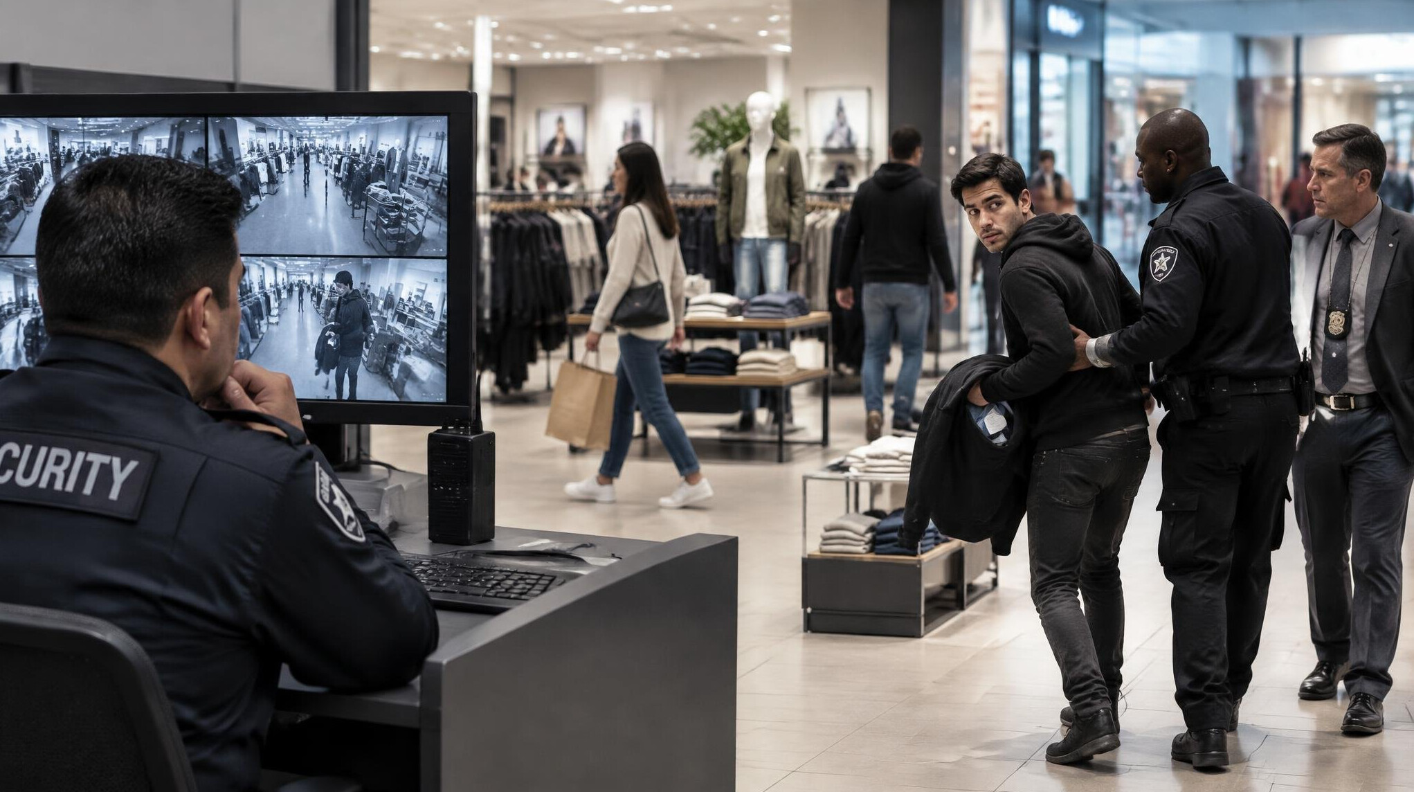 store security guard monitoring cameras