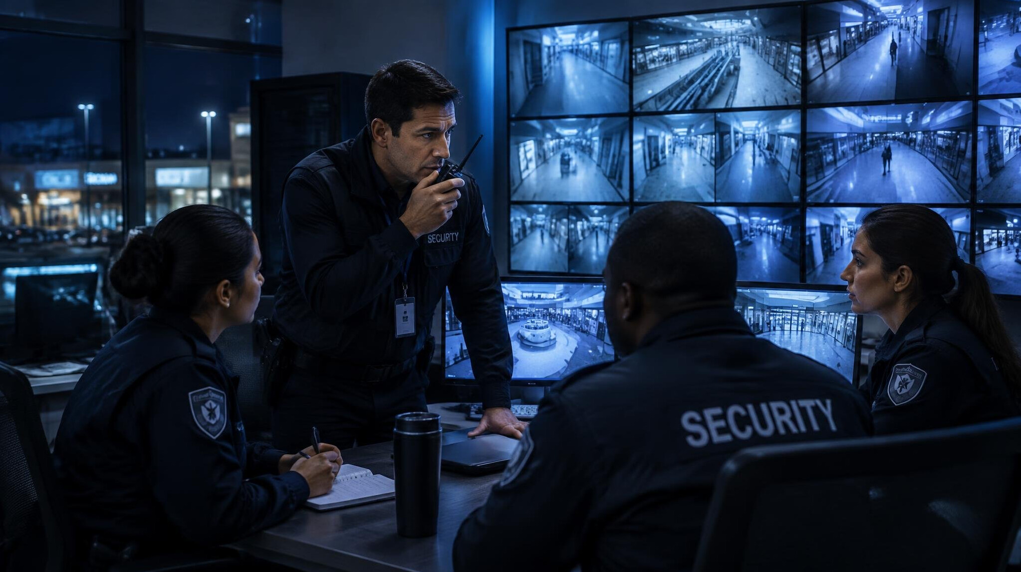 security team meeting at night