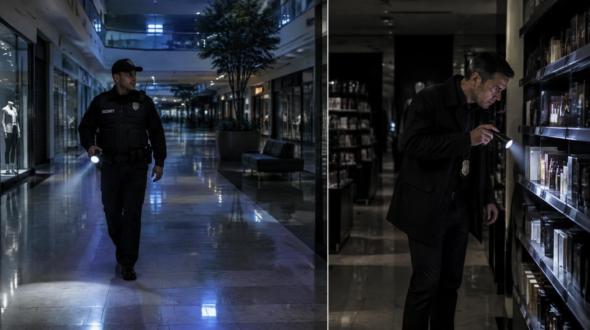 night security guard patrolling mall